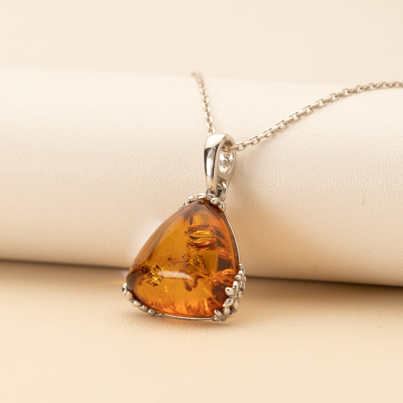 Genuine Baltic Amber Trillion Shape Pendant Necklace in Sterling Silver creative