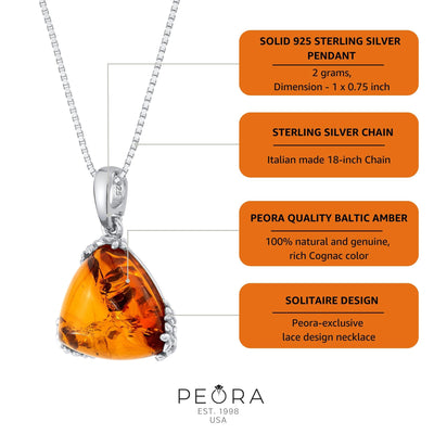 Genuine Baltic Amber Trillion Shape Pendant Necklace in Sterling Silver info