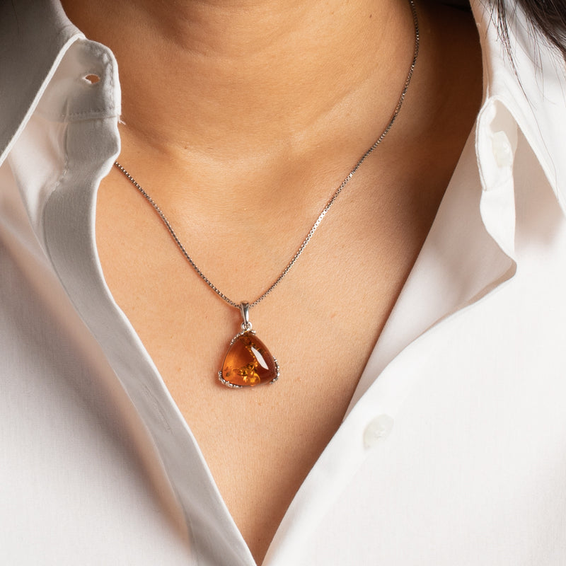 Genuine Baltic Amber Trillion Shape Pendant Necklace in Sterling Silver model