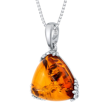 Genuine Baltic Amber Trillion Shape Pendant Necklace in Sterling Silver