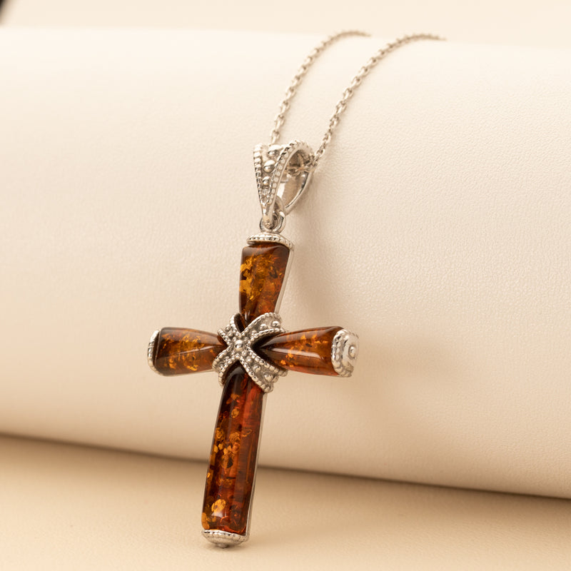 Genuine Baltic Amber Milgrain Cross Pendant Necklace in Sterling Silver creative