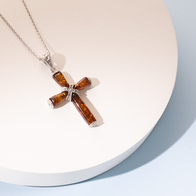 Genuine Baltic Amber Milgrain Cross Pendant Necklace in Sterling Silver creative