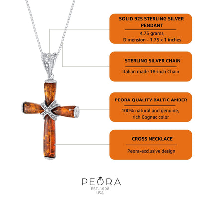 Genuine Baltic Amber Milgrain Cross Pendant Necklace in Sterling Silver info