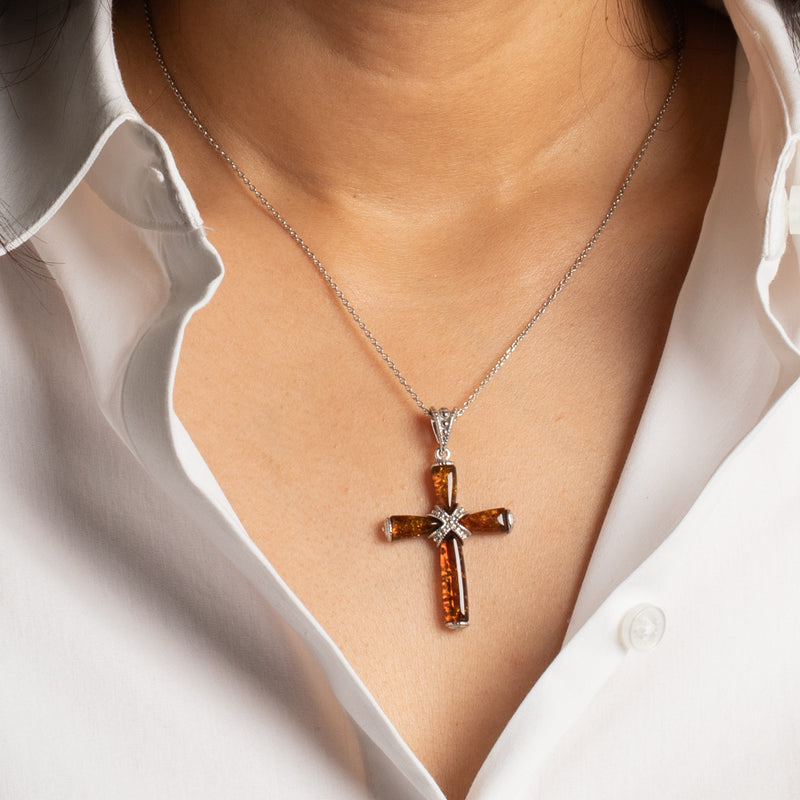 Genuine Baltic Amber Milgrain Cross Pendant Necklace in Sterling Silver model