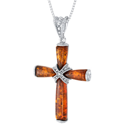 Genuine Baltic Amber Milgrain Cross Pendant Necklace in Sterling Silver