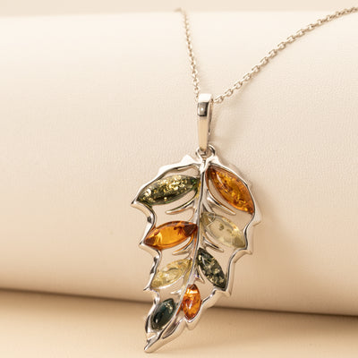 Genuine Baltic Amber Large Leaf Pendant Necklace in Sterling Silver creative