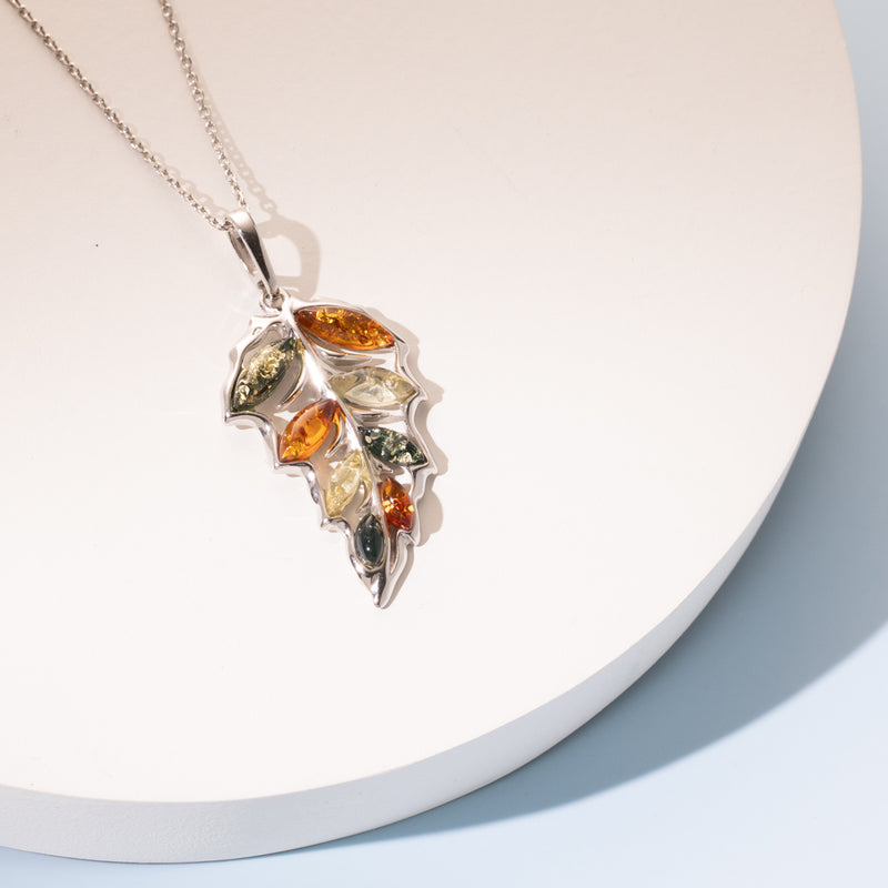 Genuine Baltic Amber Large Leaf Pendant Necklace in Sterling Silver creative 2
