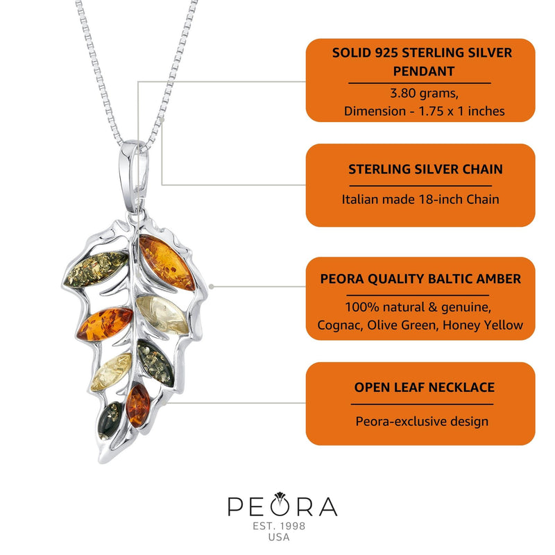 Genuine Baltic Amber Large Leaf Pendant Necklace in Sterling Silver info