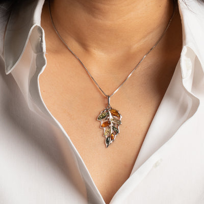 Genuine Baltic Amber Large Leaf Pendant Necklace in Sterling Silver model
