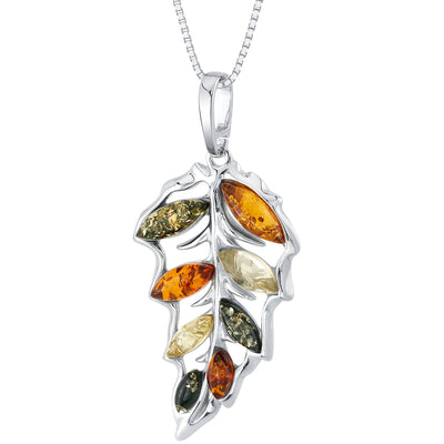Genuine Baltic Amber Large Leaf Pendant Necklace in Sterling Silver