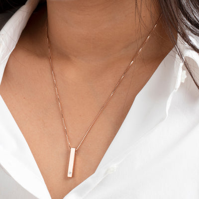 Lab Grown Diamond Vertical Bar Pendant Necklace in Rose-tone Sterling Silver