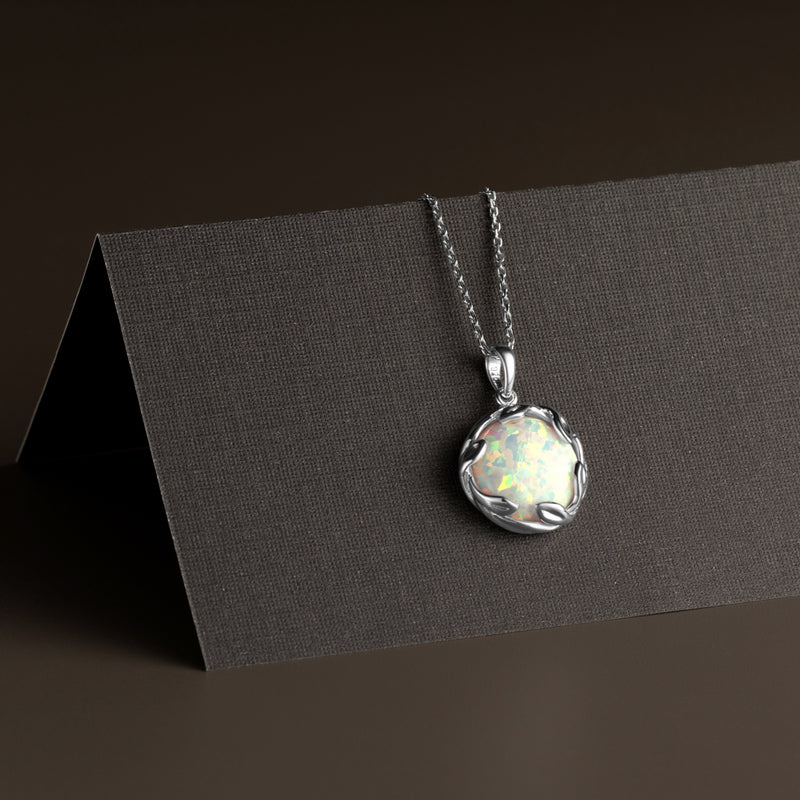 Created White Fire Opal Pendant Necklace in Sterling Silver, 3 Carats