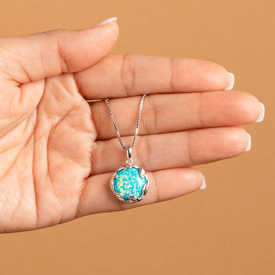 Created Teal Fire Opal Pendant Necklace in Sterling Silver, 3 Carats