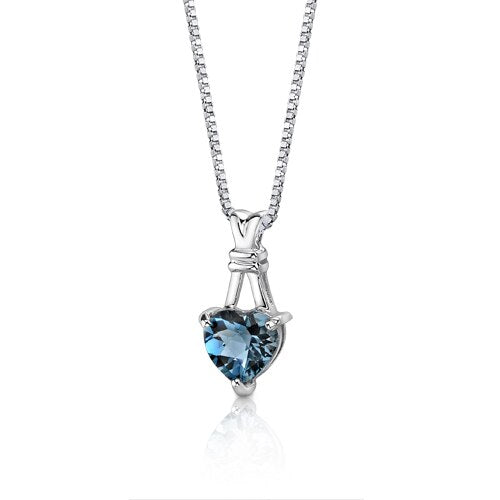 London Blue Topaz Pendant Necklace Sterling Silver Heart 3 Cts