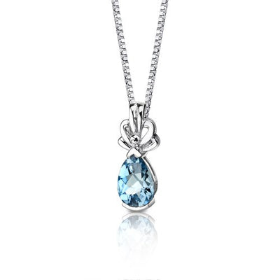 Swiss Blue Topaz Pendant Necklace Sterling Silver Pear 2.25 Cts