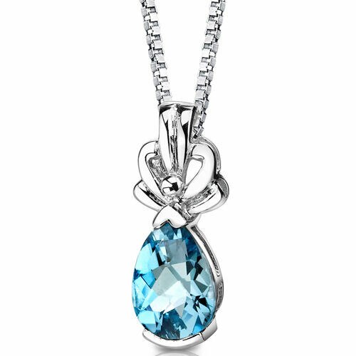 Swiss Blue Topaz Pendant Necklace Sterling Silver Pear 2.25 Cts