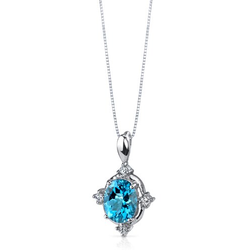 Swiss Blue Topaz Pendant Necklace Sterling Silver Oval 2 Carats