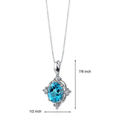 Swiss Blue Topaz Pendant Necklace Sterling Silver Oval 2 Carats