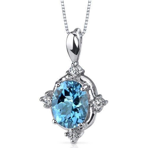 Swiss Blue Topaz Pendant Necklace Sterling Silver Oval 2 Carats