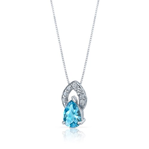 Swiss Blue Topaz Pendant Necklace Sterling Silver Pear 1.25 Cts