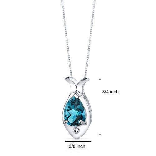 London Blue Topaz Pendant Necklace Sterling Silver Pear 2 Carat