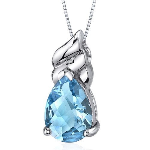 Swiss Blue Topaz Pendant Necklace Sterling Silver Pear 2.75 Cts