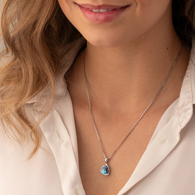 Swiss Blue Topaz Pendant Necklace Sterling Silver Pear 2 Carats