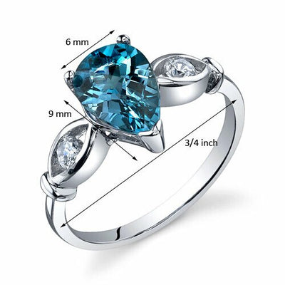 London Blue Topaz Ring Sterling Silver Pear Shape 1.5 Carats