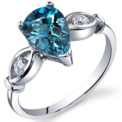 London Blue Topaz Ring Sterling Silver Pear Shape 1.5 Carats