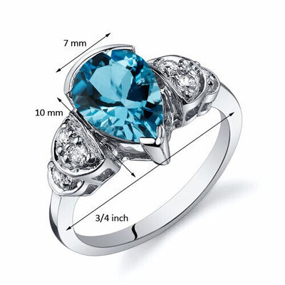 Swiss Blue Topaz Ring Sterling Silver Pear Shape 2 Carats