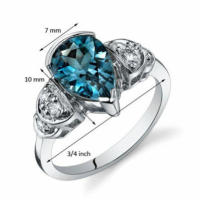 London Blue Topaz Ring Sterling Silver Pear Shape 2 Carats