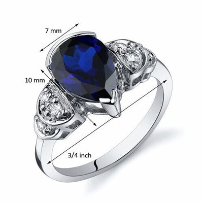 Blue Sapphire Ring Sterling Silver Pear Shape 2.5 Carats
