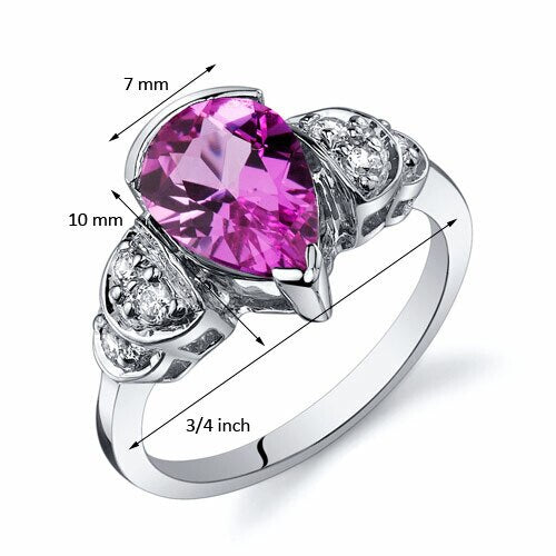 Pink Sapphire Ring Sterling Silver Pear Shape 2.25 Carats