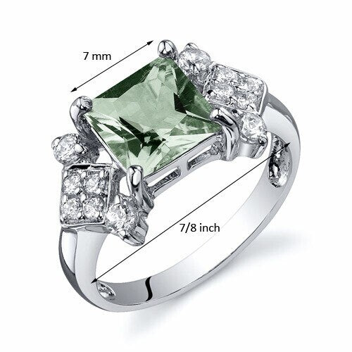 Green Amethyst Ring Sterling Silver Princess Shape 1.5 Carats