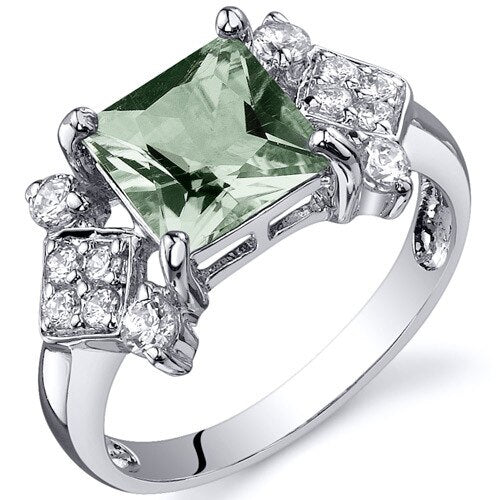 Green Amethyst Ring Sterling Silver Princess Shape 1.5 Carats