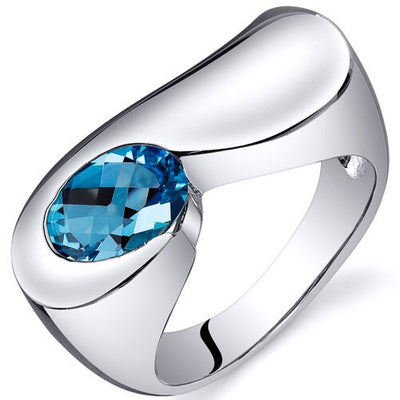 Swiss Blue Topaz Ring Sterling Silver Oval Shape 1.5 Carats