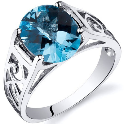Swiss Blue Topaz Ring Sterling Silver Oval Shape 2.75 Carats