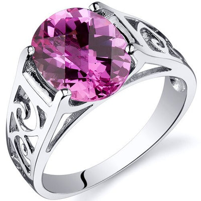 Pink Sapphire Ring Sterling Silver Oval Shape 3.5 Carats
