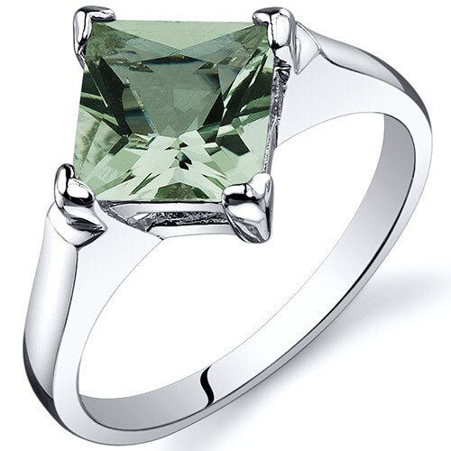 Green Amethyst Ring Sterling Silver Princess Shape 1.5 Carats