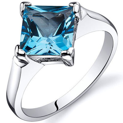 Swiss Blue Topaz Ring Sterling Silver Princess Shape 2 Carats