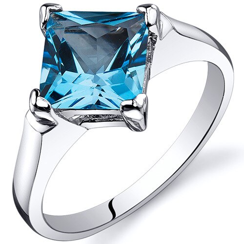 Swiss Blue Topaz Ring Sterling Silver Princess Shape 2 Carats