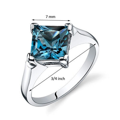 London Blue Topaz Ring Sterling Silver Princess Shape 2 Carats