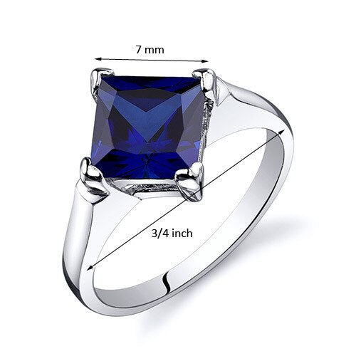 Blue Sapphire Ring Sterling Silver Princess Shape 2.5 Carats