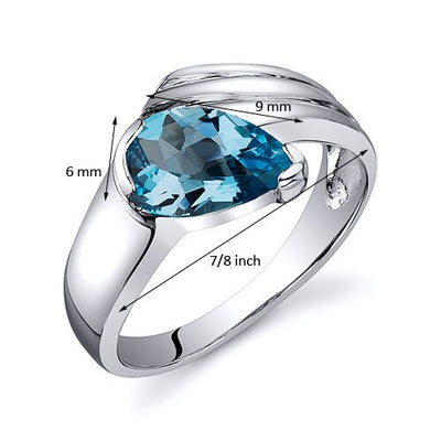 Swiss Blue Topaz Ring Sterling Silver Pear Shape 1.25 Carats