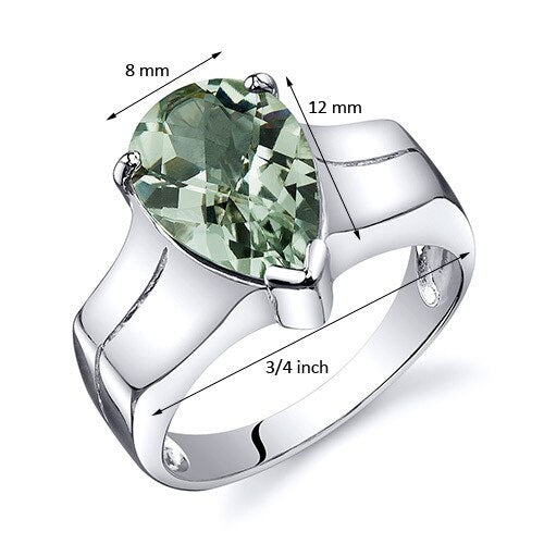 Green Amethyst Ring Sterling Silver Pear Shape 2.5 Carats