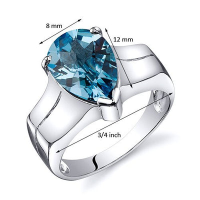 Swiss Blue Topaz Ring Sterling Silver Pear Shape 3.25 Carats