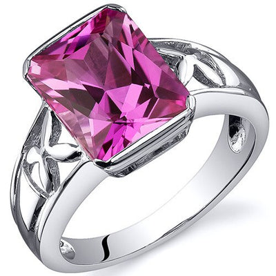 Pink Sapphire Ring Sterling Silver Radiant Shape 4 Carats
