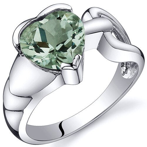 Green Amethyst Ring Sterling Silver Heart Shape 1.5 Carats