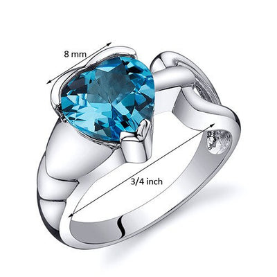 Swiss Blue Topaz Ring Sterling Silver Heart Shape 2 Carats
