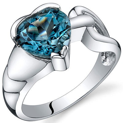 London Blue Topaz Ring Sterling Silver Heart Shape 2 Carats